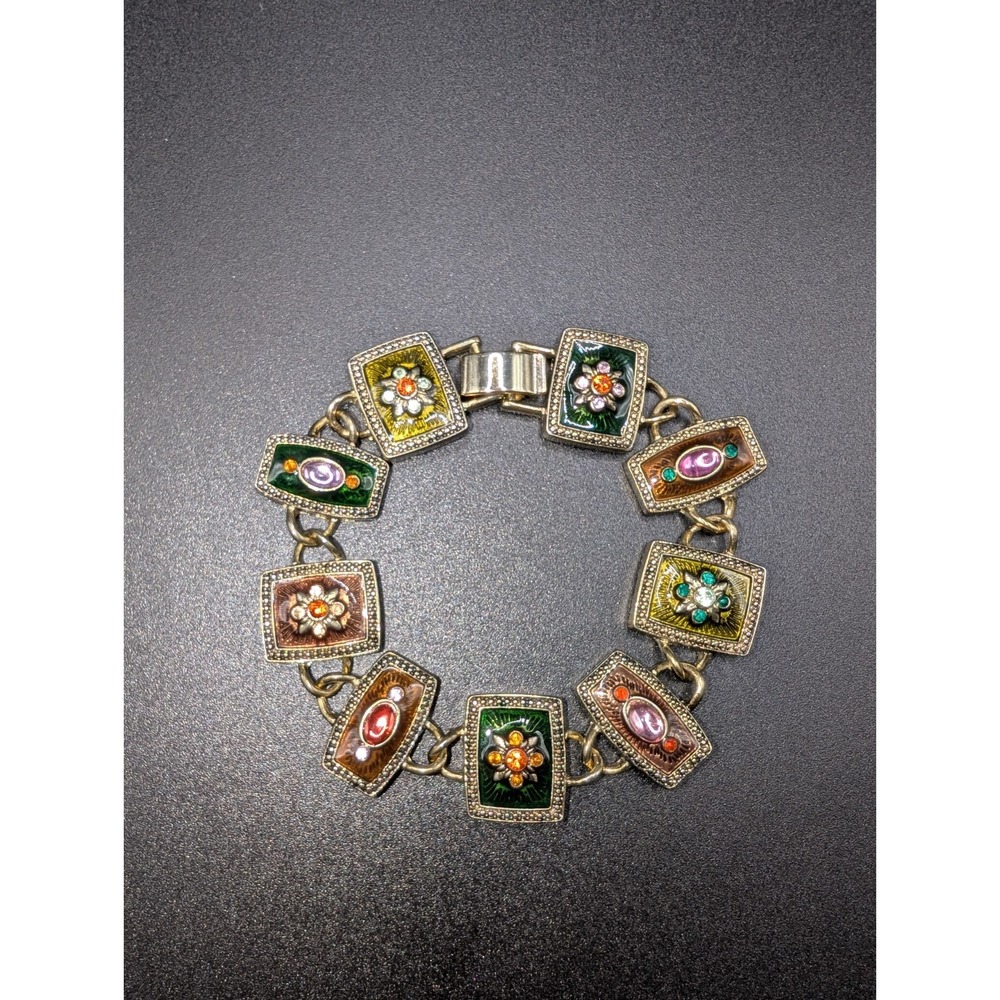 Gold Tone Enamel Rhinestone Panel Link Bracelet Floral Multicolor Statement